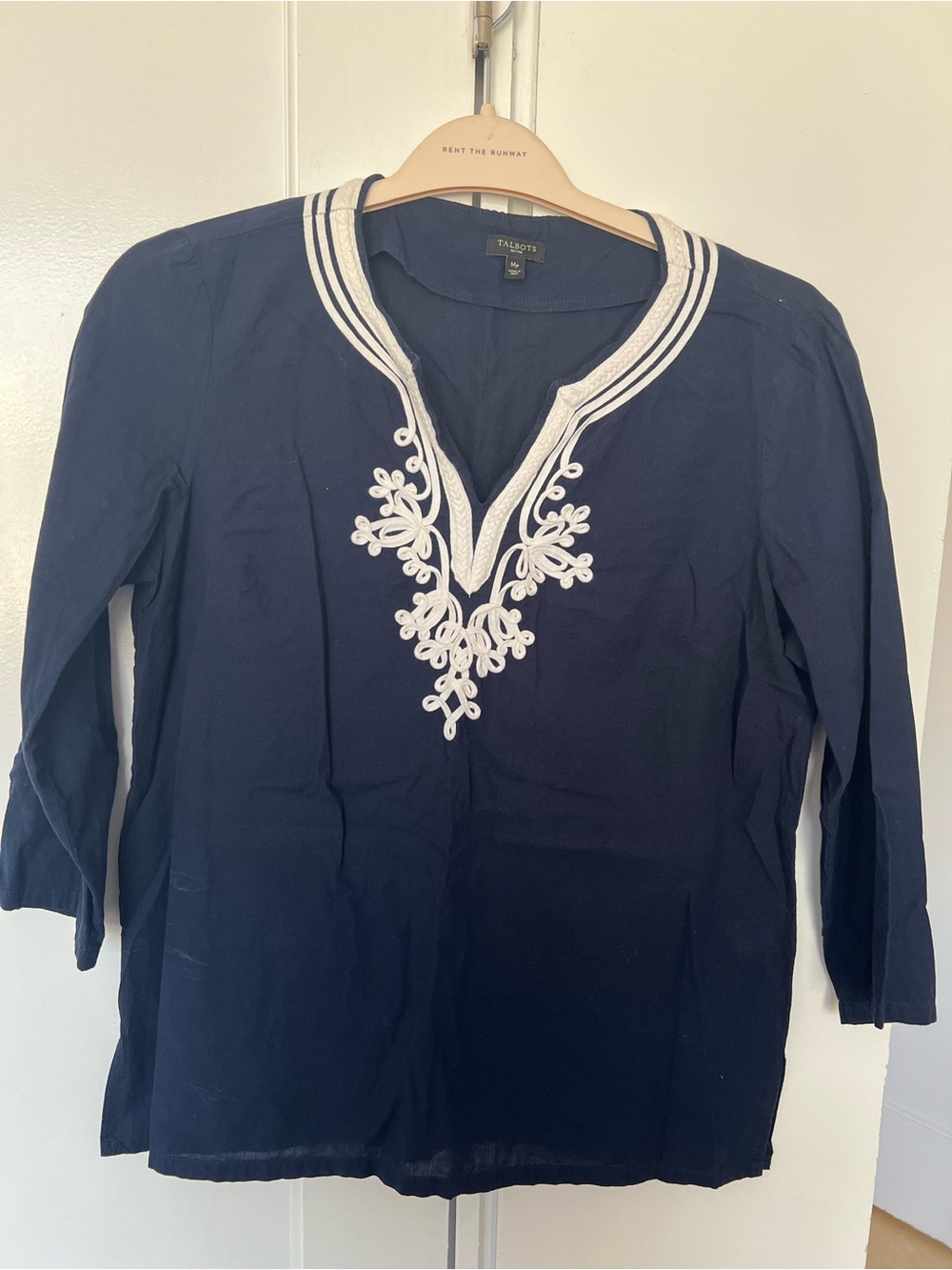 Talbots Navy Tunic with White Embroidered V-Neck